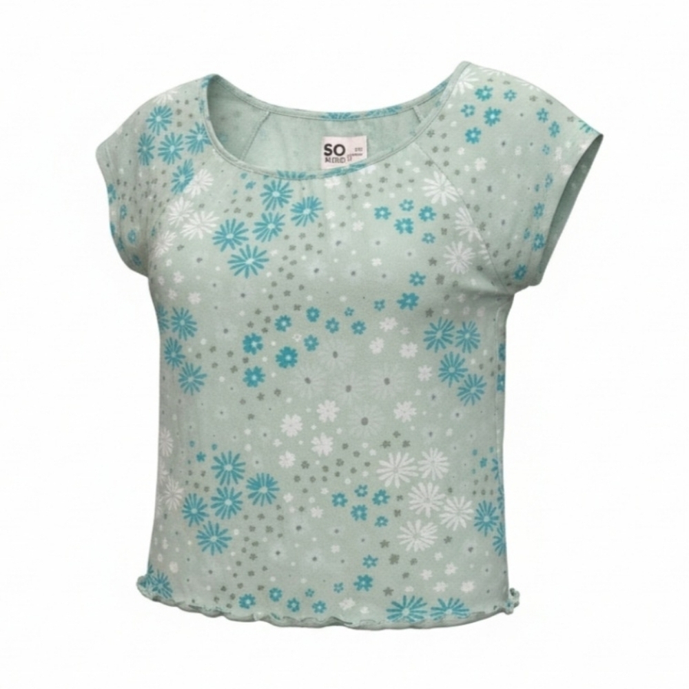 SO Green & Blue Cute Casual Comfy Girls Crop Top with Floral Design EUC Size 7